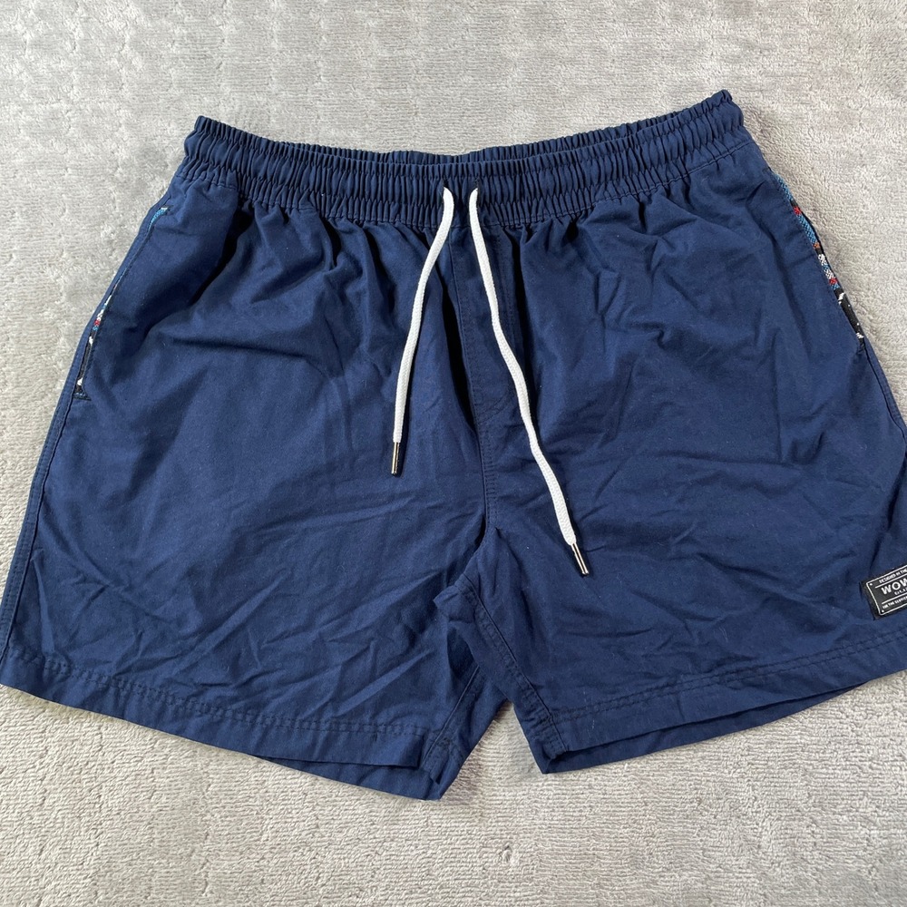Wowie Shorts Mens XL Navy Blue 5" Southwest Tribal Elastic Waist Pockets Preppy